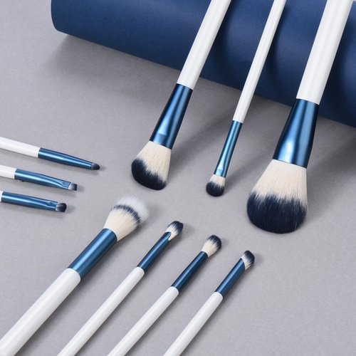 SHELWIN Makeup Brushes Set With Case 10Pcs White Makeup Brush Kit Foundation Eyeshadow Powder Blending Kabuki Eyebrow Eyelash Brushes Cosmetic Brush Travel Kit Gift (White+Blue)