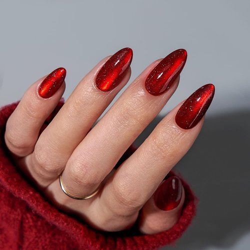 BTArtbox Press On Nails Almond - Deep Red Sparkly Press On Nails with Glue for Women, Glossy Soft Gel Glue On Nails in 15 Sizes - 30 Stick On Nails Kit for Christmas, Mystic Ruby