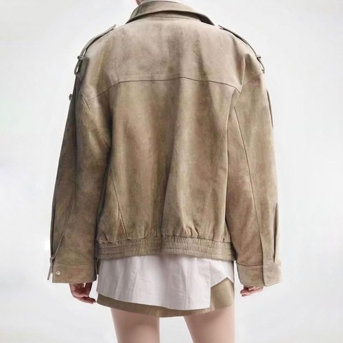FindThy Women's Suede Leather Jacket - Vintage High Collar, Long Sleeve, Oversized with Pockets