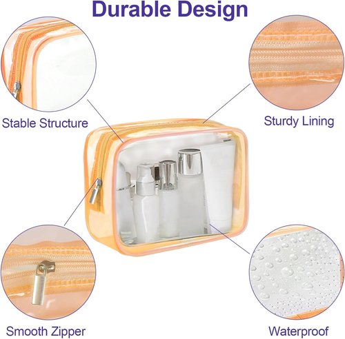 Skiennix Clear Makeup Bag Set - TSA Approved Toiletry Organizer | 4 Small Cosmetic Pouches in Pink, Orange, Green, Blue