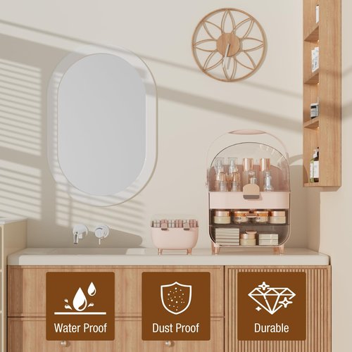 CLBDRESS Makeup Organizer for Vanity with perfume Storage Box, Countertop Skincare Organizer with 2 Drawers, Cosmetic Display Case for Perfumes, Eyeshadow Palettes, Nail Polishes, Pink