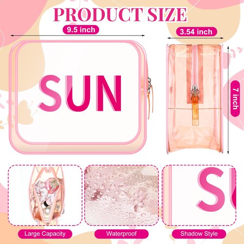 Shinylin Sun Clear Beach Makeup Bag 9.5" x 7" x 3.5" Large Cosmetic Pouch Pink Travel Toiletry Bag PVC Waterproof Transparent Zippered Organizer for Women Girl Summer