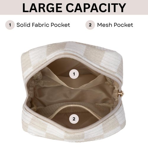 Vessara Mini Makeup Bag, Small Makeup Bag for Purse, Small Cosmetic Bag for Purse, Small Cosmetic Bag, Checkered Pouch, Cute Mini Pouch, Small Medecine Bag, Makeup Bag Small (Beige)