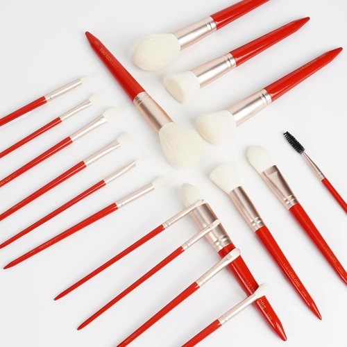 LULUCOLORS 18-Piece Makeup Brush Set with Holder Case – Complete Makeup Brush Collection for Flawless Makeup Application in Red -Soft Bristles (Red)