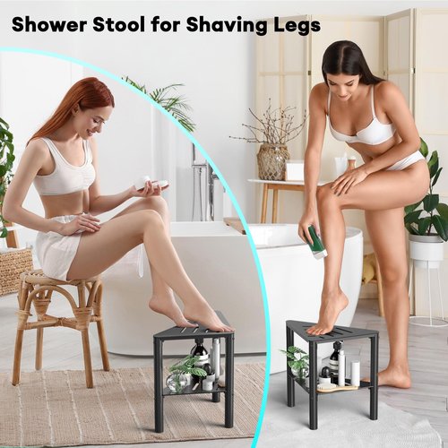 Shower Stool for Shaving Legs, Shower Step Stool for Inside Shower, Non-Slip Spa Shower Foot Rest, Corner Bathroom Bench Bath Seat with Storage Shelf for Small Shower Spaces, Rustproof & Waterproof