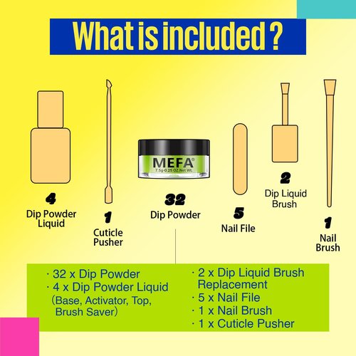 MEFA Dip Powder Nail Kit 32 Colors Spring Summer, Hot Pink Pastel Violet Neon Orange Glitter Shimmery Dipping Powder with Base Top Coat Activator Brush Saver Liquid Set French Nail Art Manicure Salon