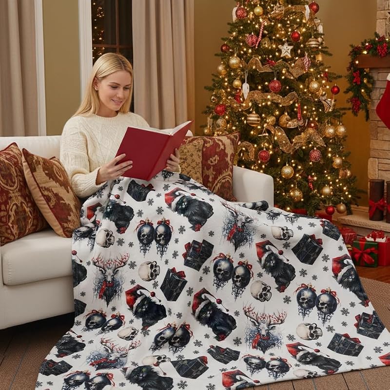Halloween Christmas Decor Throw Blanket Skull Cat 50x60 Inch Cozy Soft Blanket