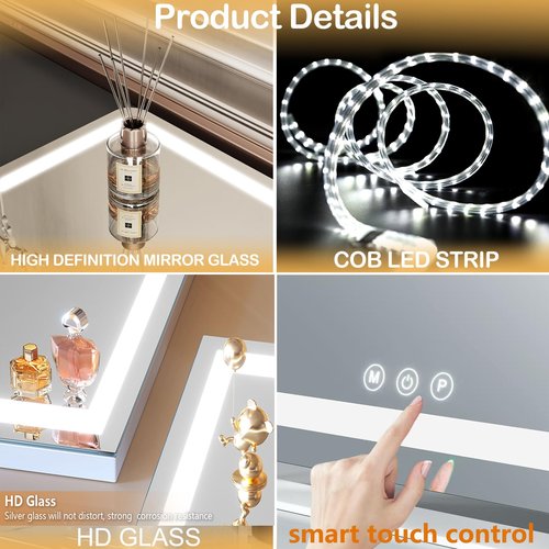 Gvnkvn Vanity Mirror with Lights, 15"× 11" LED Makeup Mirror, Lighted Makeup Mirror with Lights, Smart Touch Control Dimmable 3 Modes Light 360°Rotation Gold