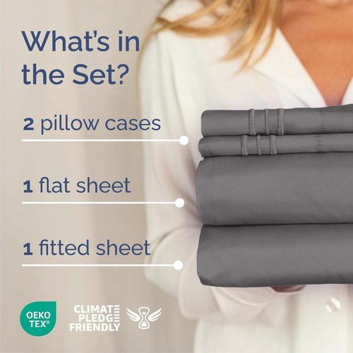 Queen Size 4-Piece Sheet Set - Comfy Cooling Bed Sheets for Luxurious Sleep | Deep Pockets, Soft & Wrinkle-Free - Dark Grey