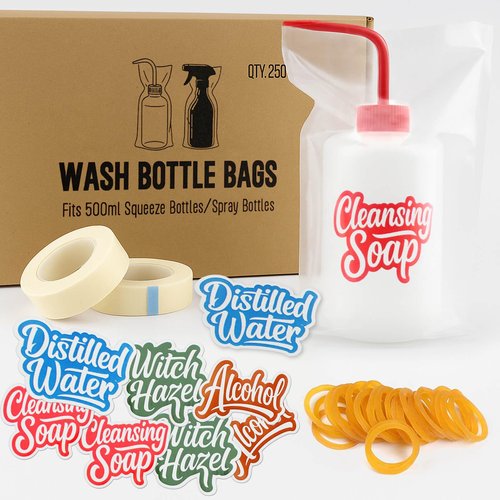 Tattoo Bottle Bags–250PCS Wash Bottle Bags for 17oz/500ml Squeeze & Spray Bottles, with 8 Bottle Stickers, 2 Paper Tapes, 100 Rubber Bands–Professional Tattoo Supplies Accessories Kit (Clear)