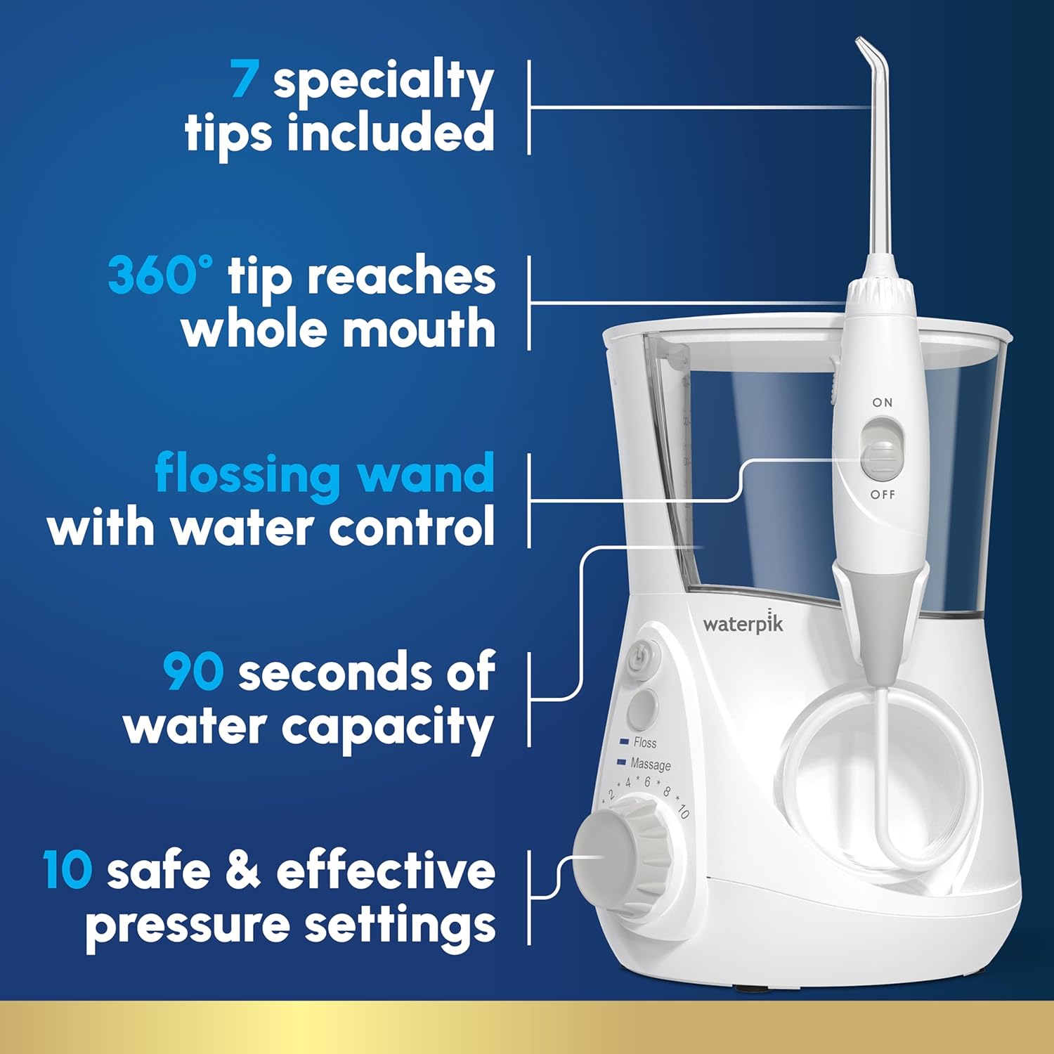 Waterpik Aquarius Water Flosser - Electric Dental Care Device with 10 Settings & 7 Tips - ADA Accepted, White WP-660