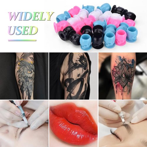 BAMTTOO 200pcs Disposable Pigment Ink Cups - Skull Design for Permanent Makeup, Tattoo Container Cap and Accessory Kits (Mixed Color)