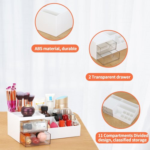 LETURE Desk Organizer, Cosmetic Makeup Vanity Organizer Box, Bathroom Counter Makeup Storage for Eyeshadows, Skin Care, Concealers, Powders, Nail Polish (White)