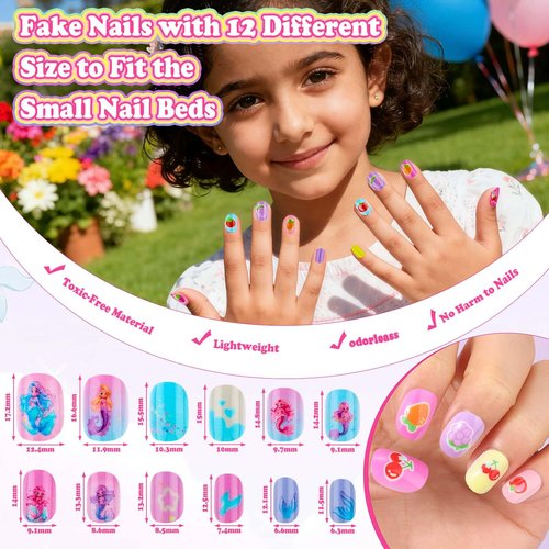 480 Pcs Kids Nails and Glue, Girls Press ons Nail Art Kit with Storage Case, Fake Nails Adhesive, Remover, Stickers, Glitter Cute Stuff Gift for Girls 8-12