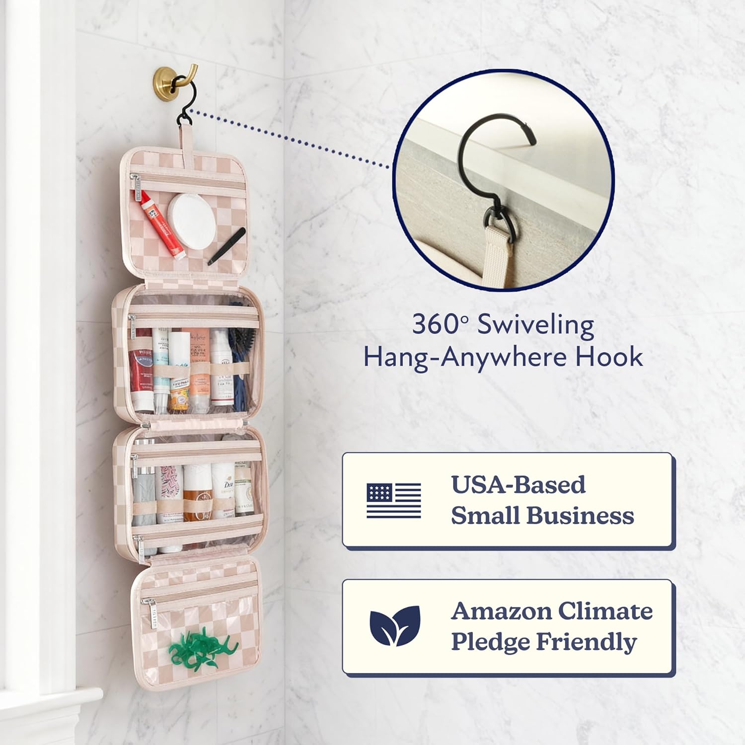 VANDEL Waterproof Hanging Toiletry Bag - TSA-Approved Makeup Organizer for Travel | Neutral Checker Design