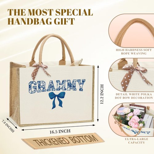Grammy Gifts, Grammy Birthday Gifts, Grammies Tote Bag, Gift for Women Grammies Grandma, Christmas Retirement Gift from Granddaughter Grandson, Reusable Blue Bow Floral Tote Bag and Makeup Bags