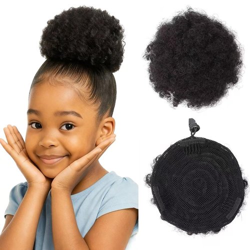 TANJET 8in Natural Black Voluminous Afro Puff - 100% Human Hair Drawstring Ponytail with 3 Non-Slip Combs | Heat-Resistant Kinky Curly Extension (8in, Natural Black 1B#)