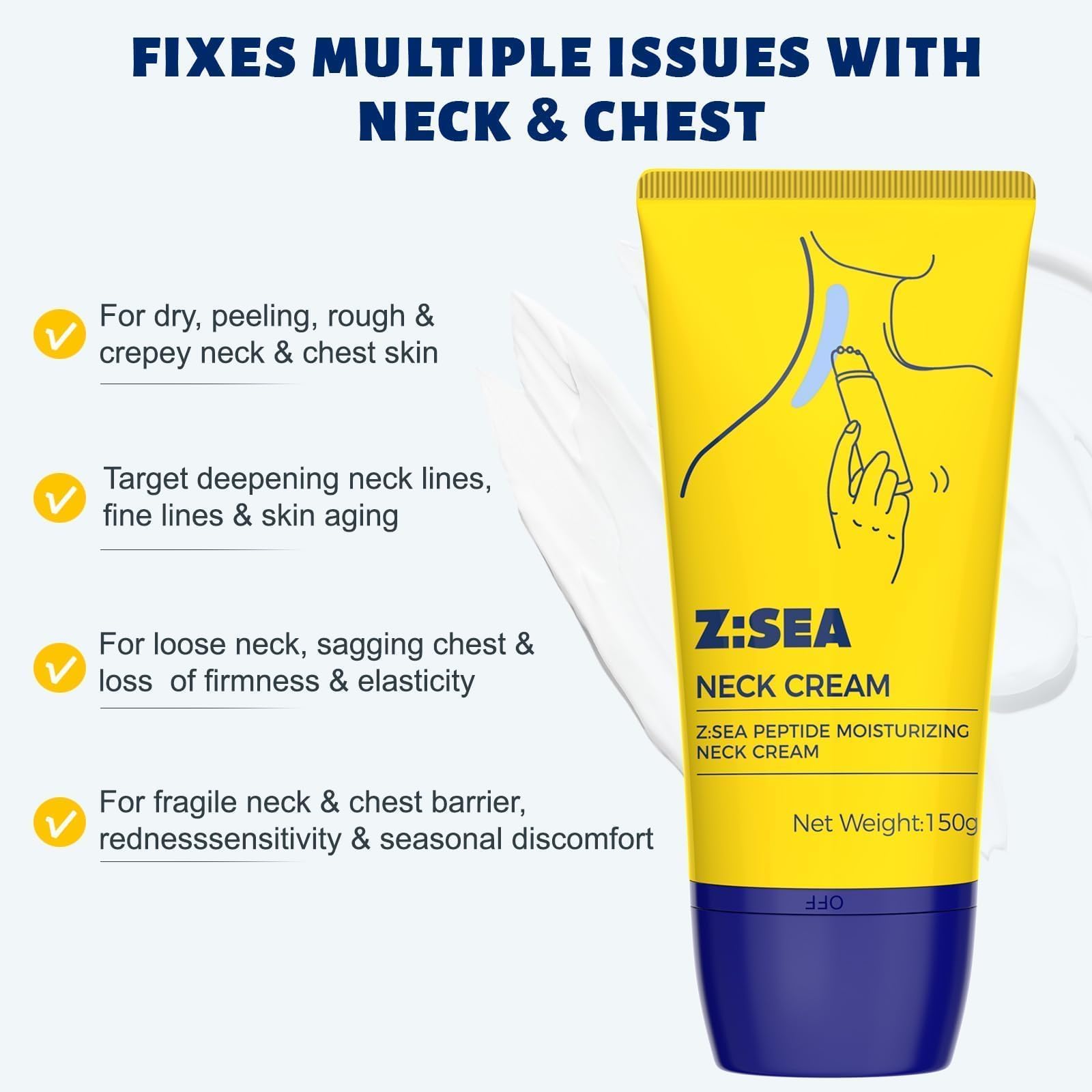 Z:SEA Neck Firming Cream with Roller, Anti-Aging, Smooths Neck Wrinkles, Improves Crepey Skin, Lifts & Firms Neck Skin, Tightening & Hydrating, Collagen, Multi Peptide, Hyaluronic Acid, 5.29 FL OZ