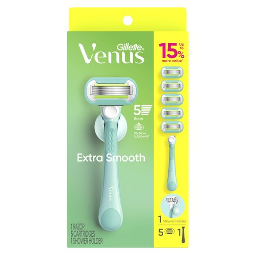 Gillette Venus Extra Smooth Women's Razor with Reusable Handle, 5 Blade Refills and Shower Holder