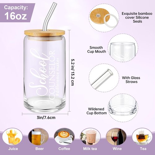 Sunnychicc 5 Pcs School Counselor Must Have for Women 16oz Glass Cup Makeup Bag Leather Notebook Pen Keychain Thank You Gift for School Counseling Week Guidance Teacher Appreciation(Purple)