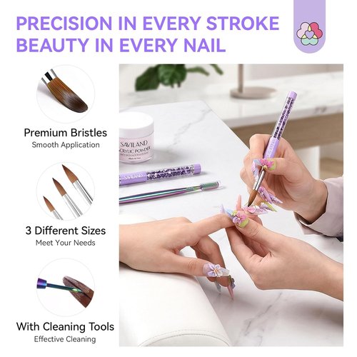 SAVILAND Kolinsky Acrylic Nail Brush Set - Professional Nail Brushes for Acrylics | Sizes 6, 10, 14