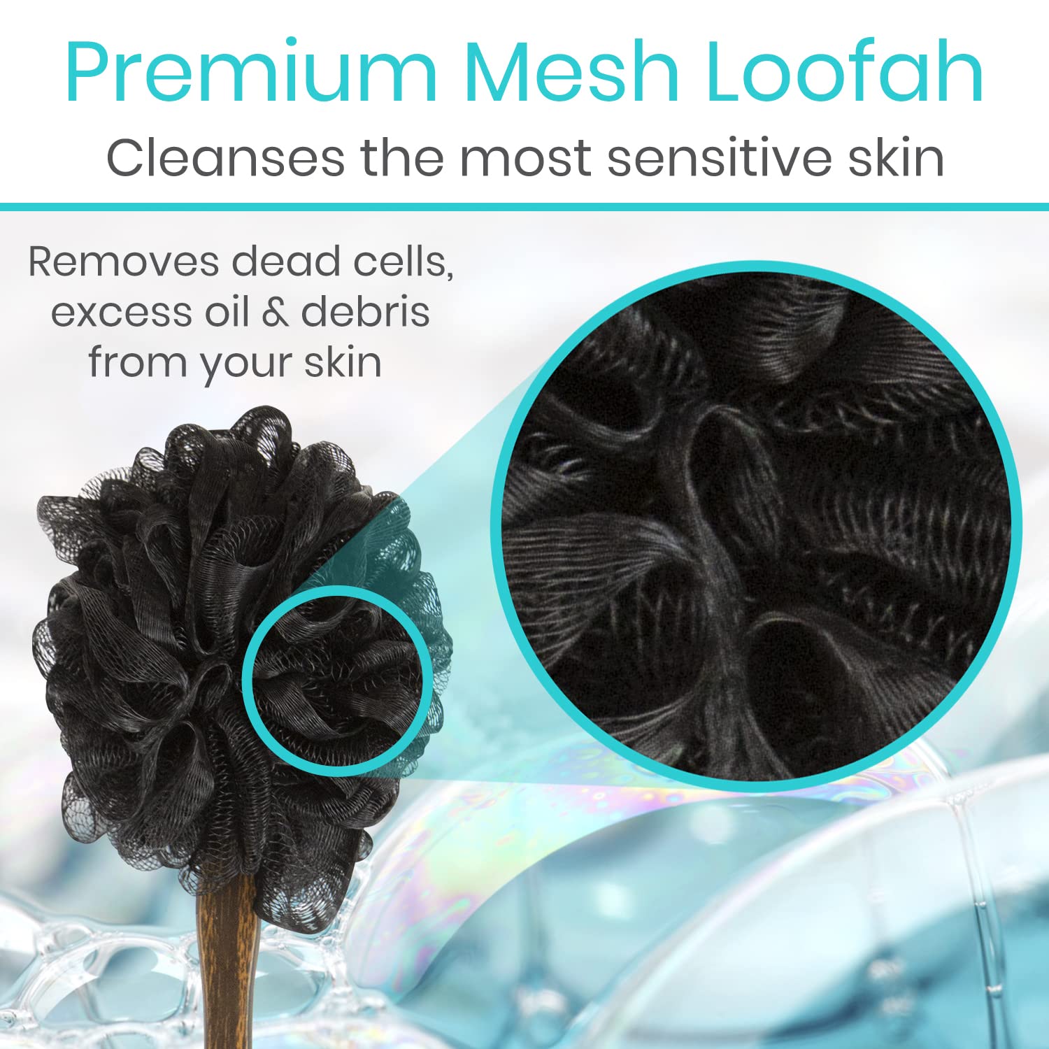 Vive 17” Shower Loofah with Long Handle - Exfoliating Back & Body Scrubber for Men & Women - Luffa Sponge on a Stick for Bathing, Cleaning - Includes Extra Handheld Lufa, Hook & String to Hang on Wall