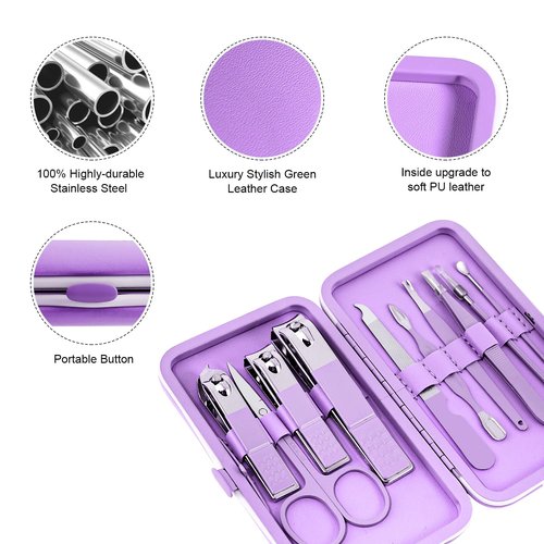 Manicure Set, Travel Mini Nail Clippers Kit Pedicure Care Tools, 10pcs Stainless Steel Grooming kit (Violet)