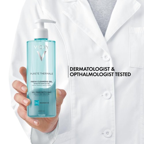 VICHY Pureté Thermale Fresh Cleansing Gel, Formulated With Glycerin & Niacinamide, Gentle Gel Cleanser & Makeup Remover, Removes Impurities Without Overdrying, Safe For Sensitive Skin & Eyes