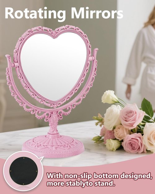 JDPEYI Heart Shaped Cute Vanity Princess Mirror for Desk,Double-Sided Rotatable Table with Stand Downtown Girl Room Coquette Decor (Pink)
