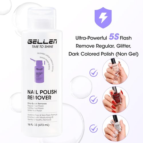 Gellen Nail Polish Remover: 16 Fl.Oz Non Acetone Nail Polish Remover with Pump Head, Salon Size Quick Dry Nail Polish Removal, 3s Gentle & Fast Remover with Vitamine E
