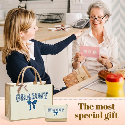 Grammy Gifts, Grammy Birthday Gifts, Grammies Tote Bag, Gift for Women Grammies Grandma, Christmas Retirement Gift from Granddaughter Grandson, Reusable Blue Bow Floral Tote Bag and Makeup Bags