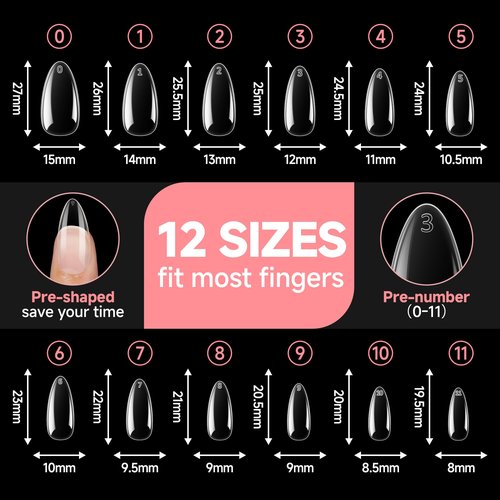 UNA GELLA Almond False Nails, 504pcs Soft Gel Tips, Clear, Medium, 12 Sizes, for Nail/Dip/Poly Extensions, Press On Nails