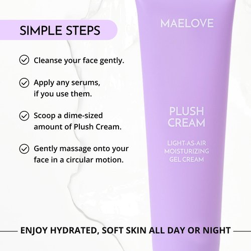MAELOVE Plush Cream Light-as-Air Gel Moisturizer, Hydrating with Squalane and Hyaluronic Acid, For Sensitive Skin, Made in USA