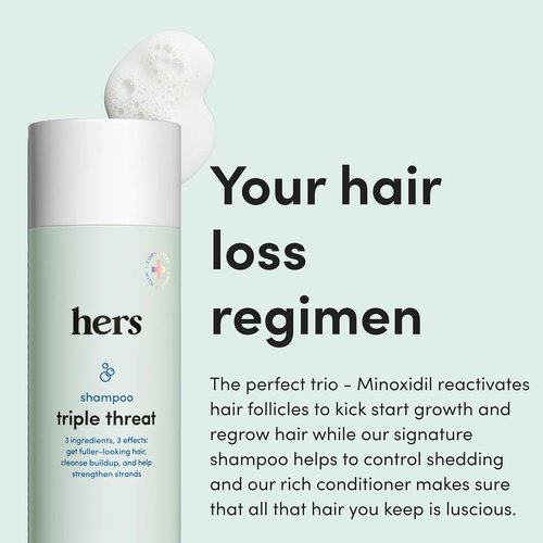 Hers Triple Threat Shampoo & Conditioner Set | 2% Minoxidil with Biotin & Saw Palmetto - Color-Safe & Paraben-Free - Napa Rose Scent - 3 Count