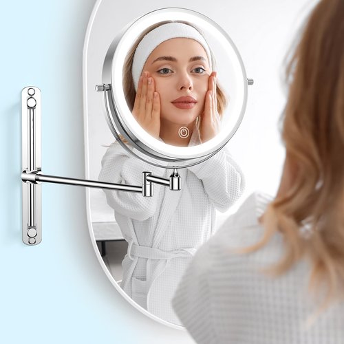 Gospire 8.5" Rechargeable Wall Mounted Lighted Makeup Mirror with Magnification 10X, Adjustable Brightness & Height, 3 Light Colors, 360° Rotation, Magnifying Mirror with Light for Women - Chrome
