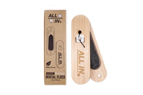 ALL IN Waxed Charcoal Floss with a Refillable Dental Floss Magnetic Holder - Plant Based, Natural, and No PFAS - Mint Floss for Effective Plaque Removal, Clean Teeth, Fresh Breath - 32 yd