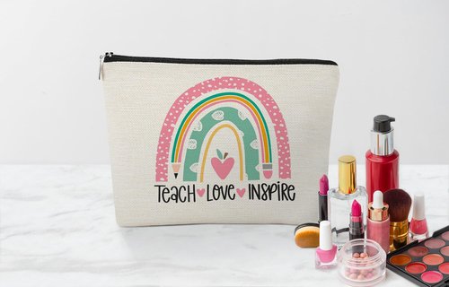 EXUQO Teacher Gifts,Teacher Makeup Bag,Appreciation Thank You Gifts for Teacher,Teach Love Inspire Pink Rainbow Teacher Gifts Cosmetic Bag,Teachers Day Gift,Birthday Gift Cosmetic Bag Organizer