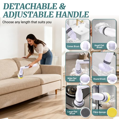 STARRY DREAM Electric Spin Scrubber, IPX7 Waterproof Shower Cleaning Brush with 8 Replaceable Brush Heads, Extendable Long Handle and 2 Adjustable Speeds Tools White