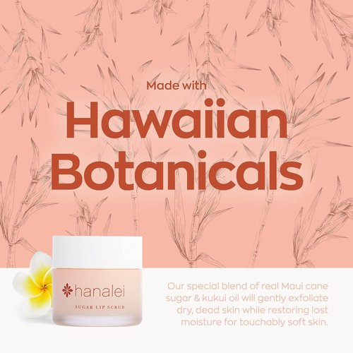 Hanalei Vegan Sugar Lip Scrub - Exfoliating Hawaiian Cane Sugar & Kukui Oil for Smooth, Hydrated Lips | Natural & Cruelty-Free (22g)