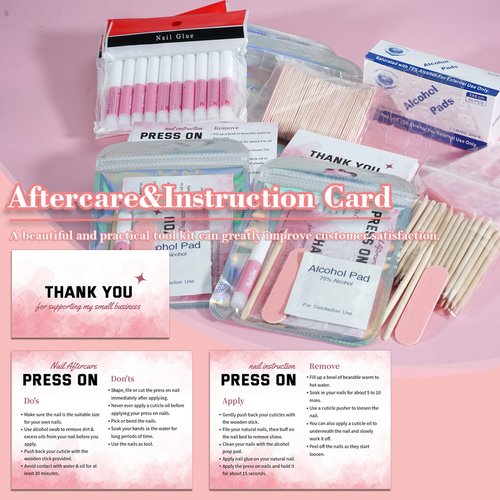 Press On Nail Tool Kit for Nail Business, Nail Prep Application Disposable Kit with Nail File, Nail Glue, Prep Pads, Instruction Card, Adhesive Nail Tabs, Wood Stick, Holographic Bag (20pcs in Pink)