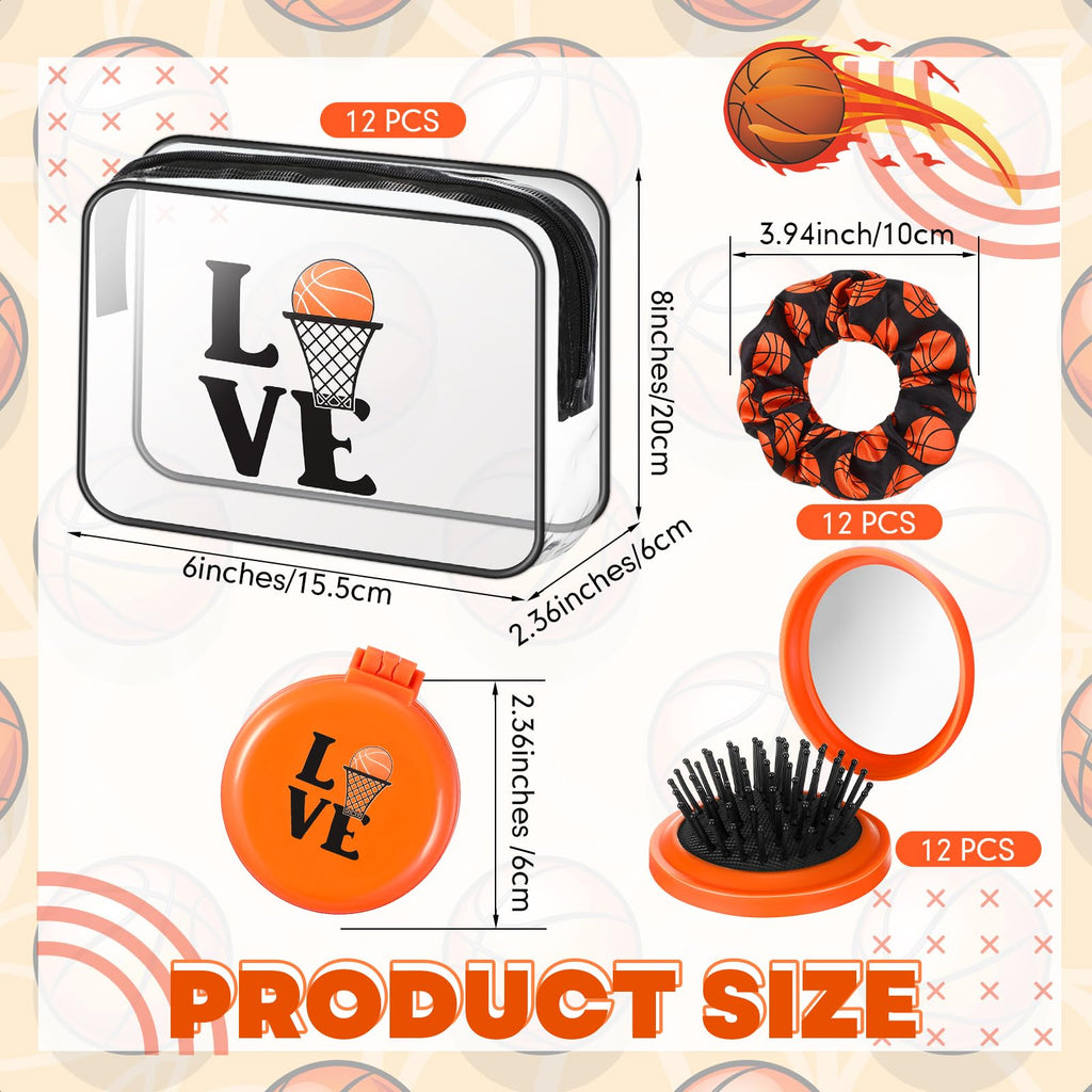 Yungyan 36 Pcs Basketball Gifts 12 Basketball Makeup Bag for Women Party Favors Team Gifts with 12 Sport Hair Scrunchies 12 Round Portable Folding Brush
