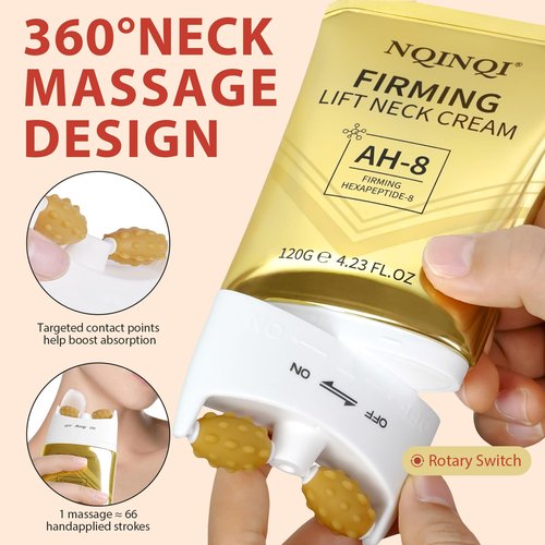 NQINQI AH-8 Firming Neck Cream with Roller - Neck and Chest Firming Cream to Lift, Tighten & Smooth Sagging Skin, Reduce Wrinkles & Hydrate for Youthful Neck, 4.23 Fl Oz