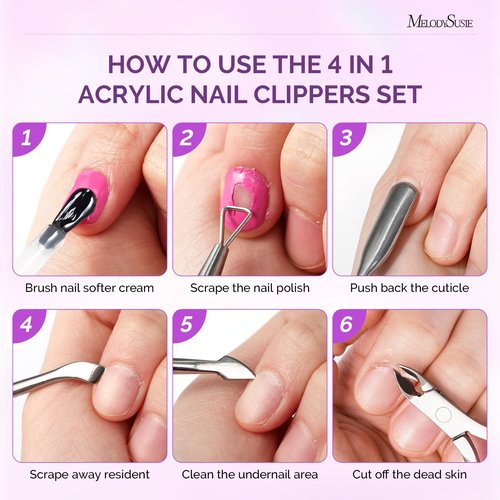 Melodysusie 4 in 1 Acrylic Nail Clippers Set, with Cuticle Trimmer and Dual-Ended Cuticle Pusher Remover, Stainless Steel Acrylic Nail Cutter Set, Pedicure Manicure Acrylic Nail Tools for Home Salon