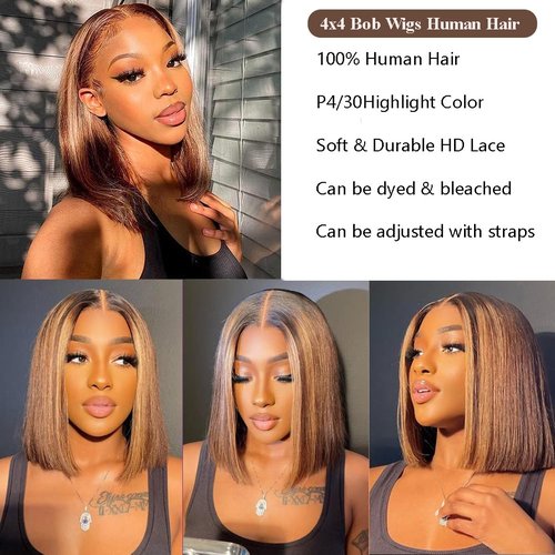 Selina 4x4 Straight Highlight Ombre Bob Wig Human Hair Hd Lace Front Wigs Human Hair Gluless 100% Remy Hair for Women Transparent Lace Wig 12 Inch