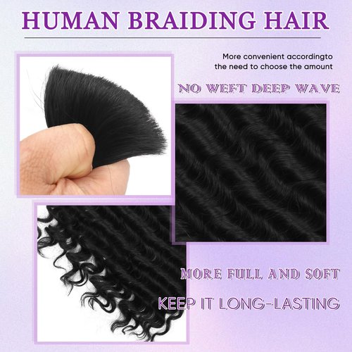 Human Braiding Hair for Boho Braids Human Hair 150g 18 Inch Deep Wave Natural Color Boho Braids Human Hair No Weft Boho Human Braiding Hair Curly 6 Bundles/Pack 1B