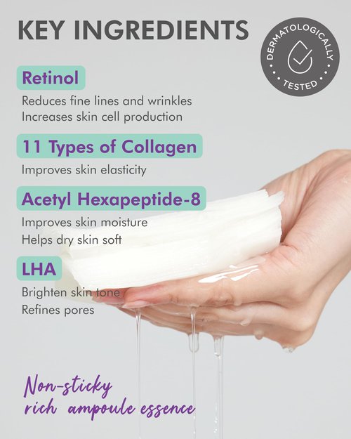 DERMAL Seoul Face Retinol + LHA Daily Quick Sheet Mask, 36 Count Pull-Out Dispenser Box with Tweezers, Pore & Wrinkle Care, Collagen + Peptides, Vegan Tencel