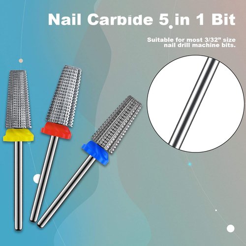3Pcs Carbide 5 in 1 Nail Drill Bit Set- Two Way Rotate Use for Both Left and Right Handed- XF， F， M 3/32 Inches Brocas Para Drill Nails for Acrylic Nail Gel Fast Remove