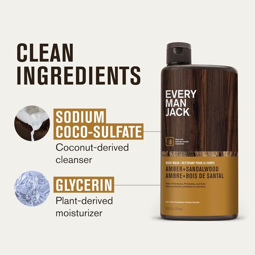 Every Man Jack Amber & Sandalwood Hydrating Body Wash - Nourish & Cleanse All Skin Types | 24oz (Pack of 2)