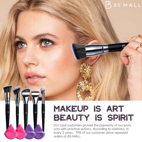 BS-MALL 5 Pcs Professional makeup brush set with Ultra-soft 4 Triangle Puffs - eyeshadow Brush, concealer Brush, blush brush & foundation brush - Multi-functional beauty Tools for Daily Use