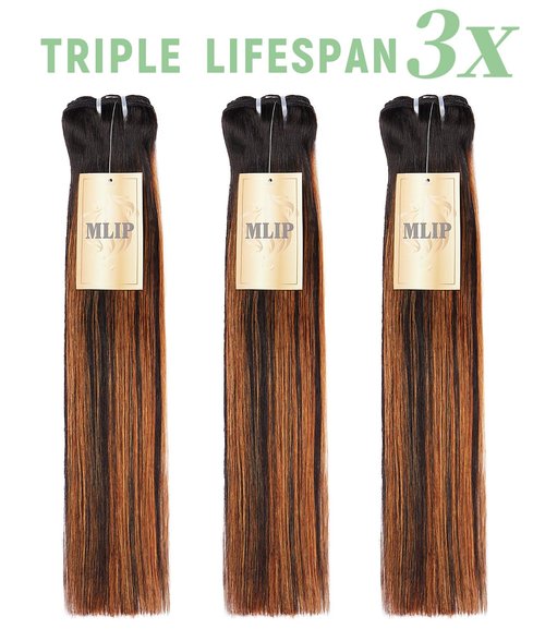 MLIP Raw Bundles Human Hair Straight, No Tangle Shedding, Keep Texture Silky Soft After Multiple Washes, 16A Raw Indian Hair Bundles 10 Inches, Brown Highlight Bundles